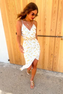 Wild About You - White Gold Feather Print Midi Dress
