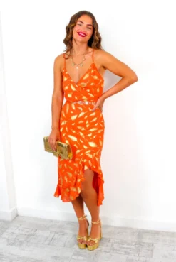 Wild About You - Orange Gold Feather Print Midi Dress -Glamoros Clothing Shop WildAboutYou OrangeGoldFeatherPrintMidiDress 5