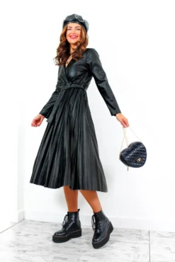 Without Limits - Black Faux Leather Pleated Midi Dress -Glamoros Clothing Shop WithoutLimits BlackFauxLeatherPleatedMidiDress 2