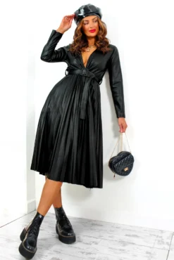 Without Limits - Black Faux Leather Pleated Midi Dress -Glamoros Clothing Shop WithoutLimits BlackFauxLeatherPleatedMidiDress 6