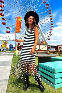 Worth The Tassel - Cream Black Stripe Midi Dress