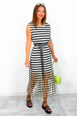 Worth The Tassel - Cream Black Stripe Midi Dress -Glamoros Clothing Shop WorthTheTassel CreamBlackStripeMidiDress 1