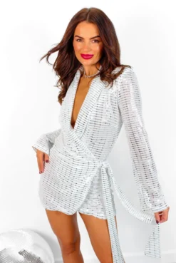Wrap Me Up In Sparkles - White Silver Sequin Wrap Dress -Glamoros Clothing Shop WrapMeUpInSparkles WhiteSilverSequinWrapDress 5