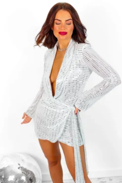 Wrap Me Up In Sparkles - White Silver Sequin Wrap Dress -Glamoros Clothing Shop WrapMeUpInSparkles WhiteSilverSequinWrapDress 6
