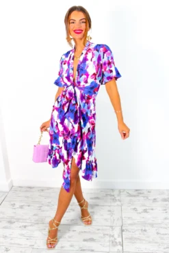 Wrapped With Love - Blue Purple Floral Midi Wrap Dress -Glamoros Clothing Shop WrappedWithLove BluePurpleFloralMidiWrapDress 1