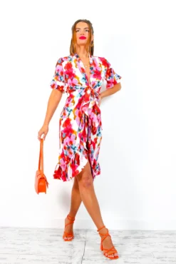 Wrapped With Love - White Red Floral Midi Wrap Dress -Glamoros Clothing Shop WrappedWithLove WhiteRedFloralMidiWrapDress 6