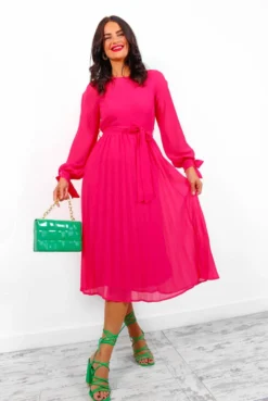 Youre On My Mind - Fuchsia Pleated Midi Dress