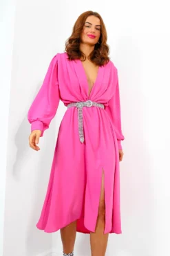 Yours To Keep - Candy Pink Midi Dress -Glamoros Clothing Shop YoursToKeep PinkChiffonWrapStyleMidiDress2