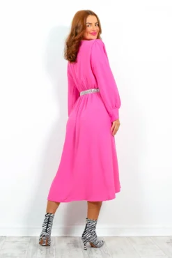 Yours To Keep - Candy Pink Midi Dress -Glamoros Clothing Shop YoursToKeep PinkChiffonWrapStyleMidiDress6