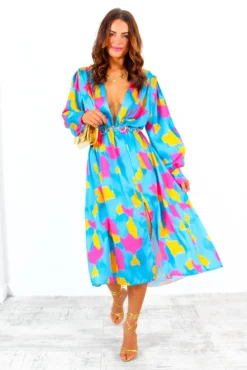 Yours To Keep - Teal Pink Orange Abstract Midi Dress -Glamoros Clothing Shop YoursToKeep TealPinkOrangeAbstractMidiDress 2