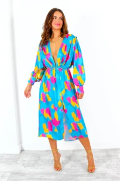 Yours To Keep - Teal Pink Orange Abstract Midi Dress -Glamoros Clothing Shop YoursToKeep TealPinkOrangeAbstractMidiDress 3