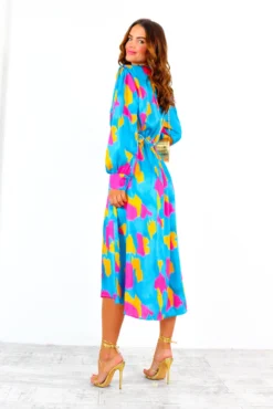 Yours To Keep - Teal Pink Orange Abstract Midi Dress -Glamoros Clothing Shop YoursToKeep TealPinkOrangeAbstractMidiDress 6