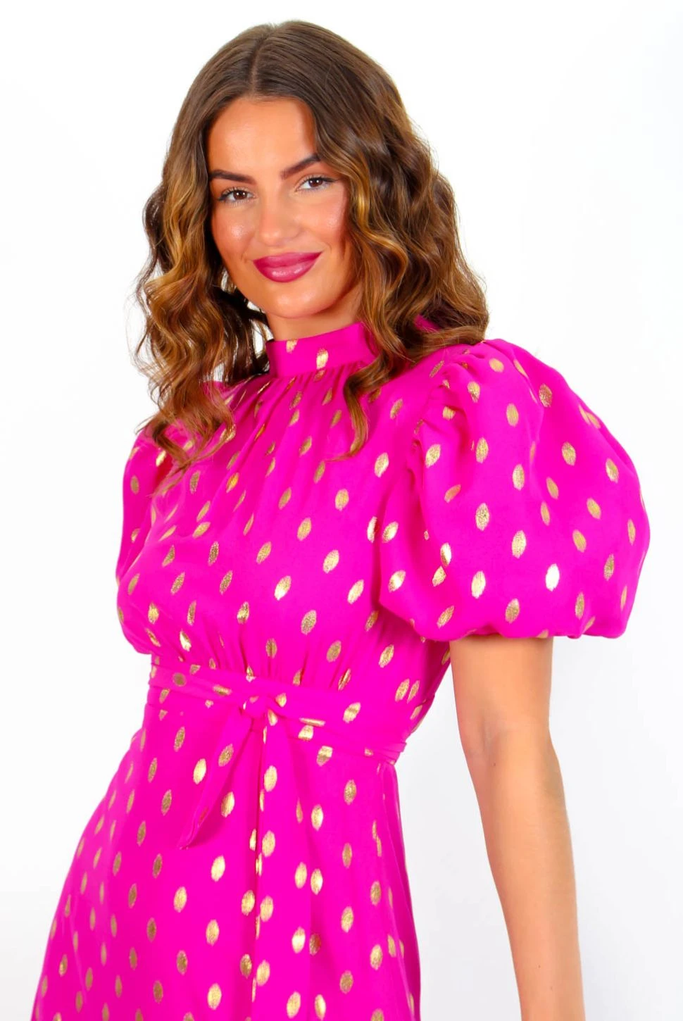 Got The Flower - Fuchsia Gold Foil Spot Midi Dress 4 Got The Flower - Fuchsia Gold Foil Spot Midi Dress - Image 4