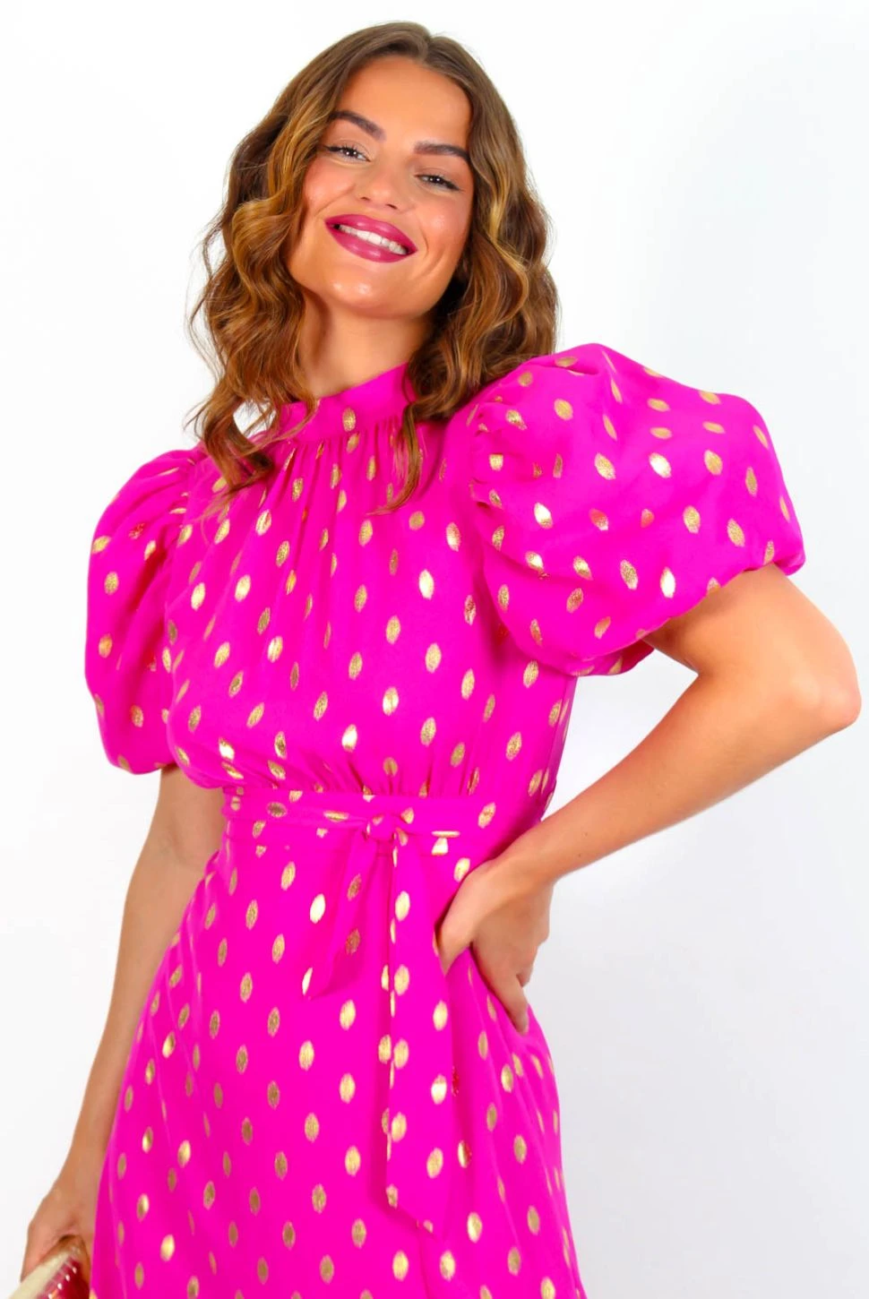Got The Flower - Fuchsia Gold Foil Spot Midi Dress 2 Got The Flower - Fuchsia Gold Foil Spot Midi Dress - Image 2